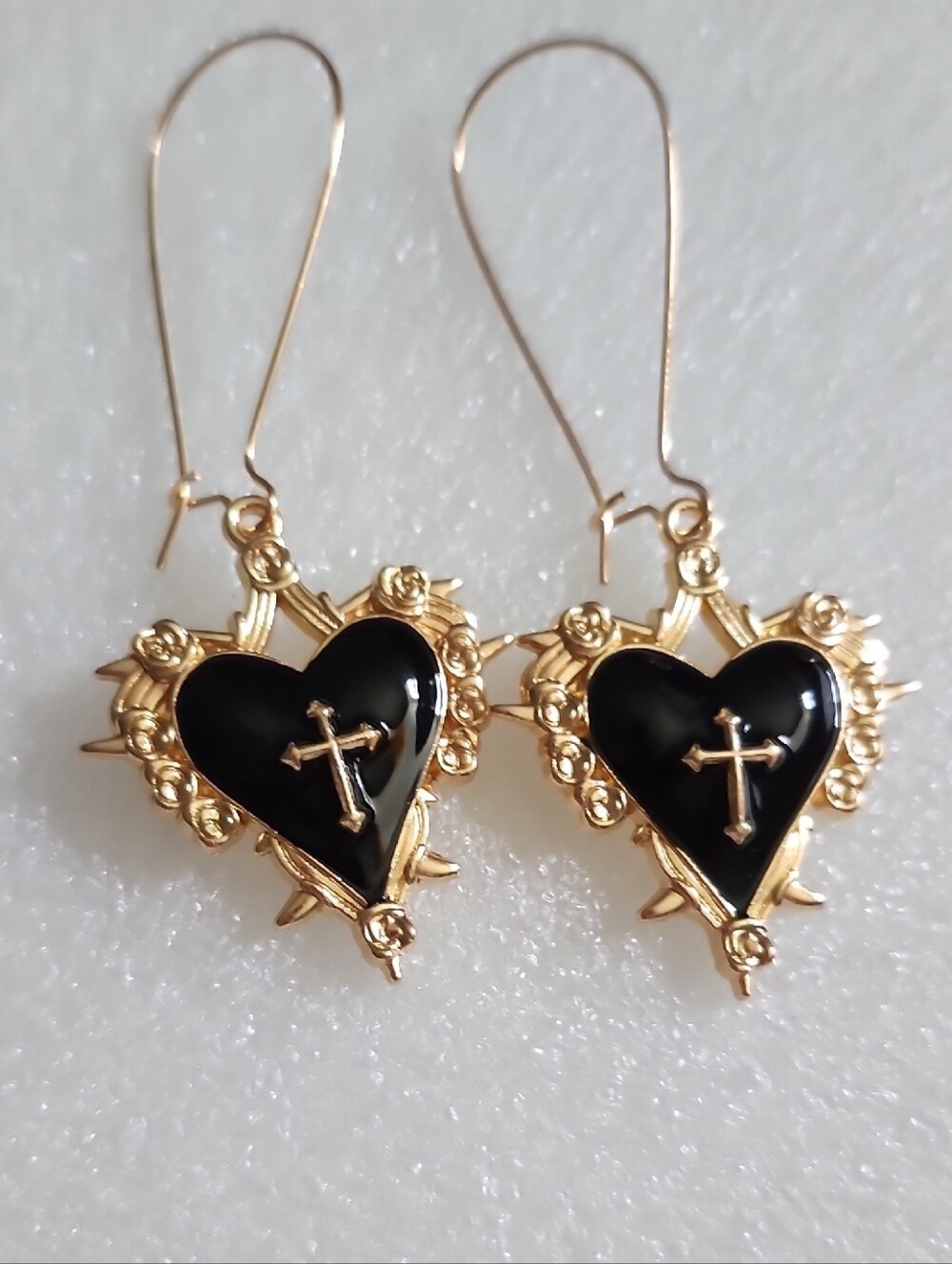 Hand Crafted Gold and Black Sacred Heart Cross Drop Earrings - Women Jewelry